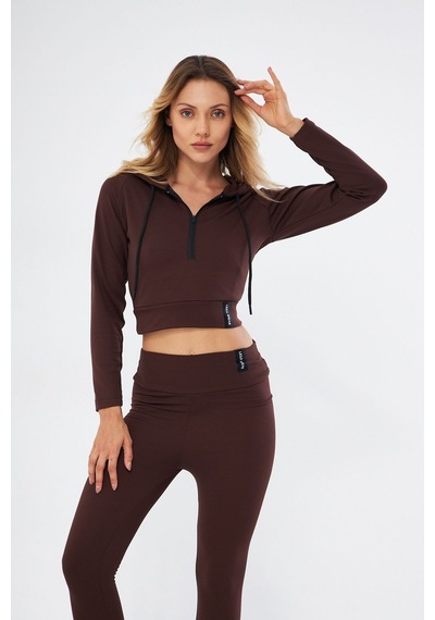 Lesa Wear Fitilli Kapüşonlu Içi Polarlı Yumaşacık Şardonlu Kaşkorse Crop Sweatshirt Kahverengi