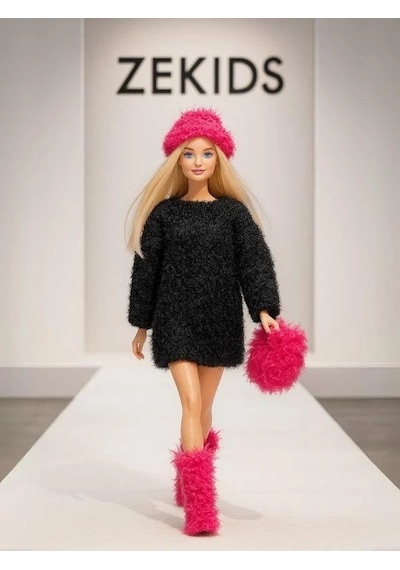Barbie Bebek İçin El Örgüsü Kazak Çanta Şapka Ayakkabı Dörtlü Set Barbie Bebek Dahil Değildir -15936