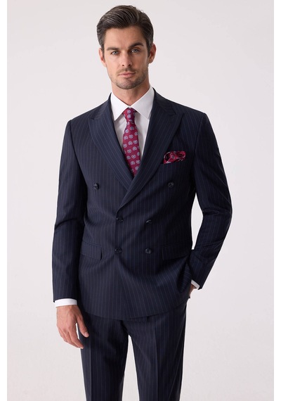 Erkek Lacivert Çizgili Slim Fit Kruvaze Takım Elbise