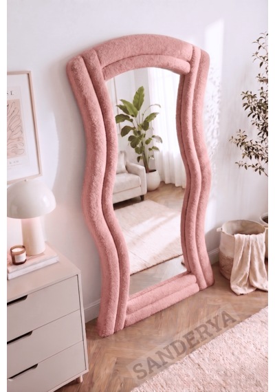 Lusso Pembe Renk Kumaş Kaplamalı Dalgalı Kavisli Ayaklı Boy Aynası 182x87 Cm