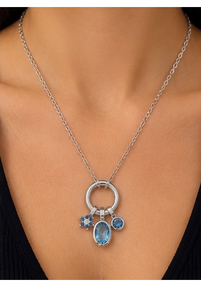 Blue Crystal Charm Halka Kolye Gümüş