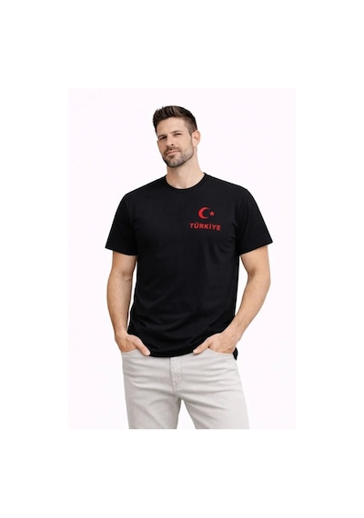 Yake Store Erkek Türkiye Ay Yıldız Baskılı Taraftar Forma T-shirt - Siyah - Siyah