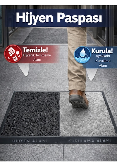 Beylini Çift Taraflı Dezenfektan Hijyen Paspası Kapı Ev Ofis Giriş Kıvırcık Paspas Kurulama Kaydırmaz 40x80 Cm Gri