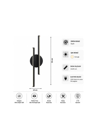 Aden Modern Led Duvar Apliği Günışığı Siyah