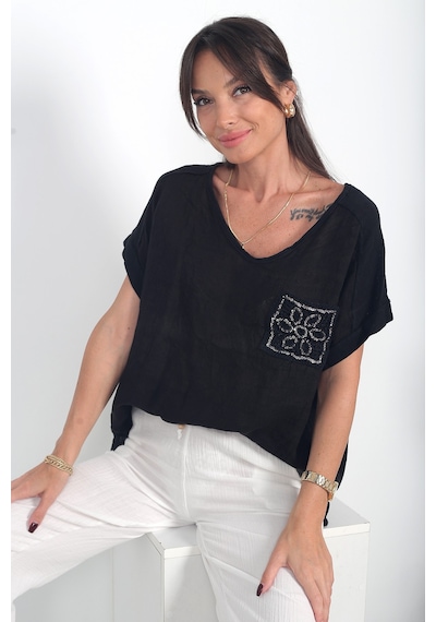 By Saygı Kadın İtalyan Cotton V Yaka Örgü Dantel Tek Cepli Oversize Keten Bluz Siyah