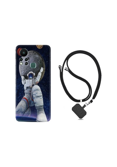 Infinix Hot 11S Kılıf İpli Boyun Askılı Desenli Silikon Astronot ve Dünya 1759