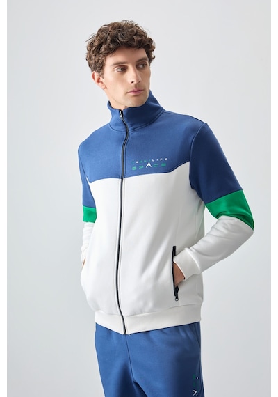 Tommy Life Ekru - İndigo Dik Yaka Renk Geçişli İçi Polarlı Erkek Eşofman Takımı - 85186 Ekru
