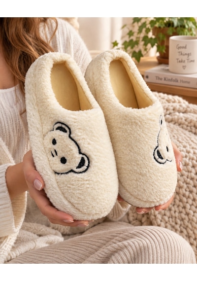Modafrato Fluffy Ayıcık Desenli Kadın Ev Terliği Kışlık Yünlü Terlik Ses Yapmayan İçi Yünlü Günlük Rahat Terlik Siyah - Krem Modafrato Fluffy Ayıcık Desenli Kadın Ev Terliği Kışlık Yünlü Terlik Ses Yapmayan İçi Yünlü Günlük Rahat Terlik Siyah - Krem