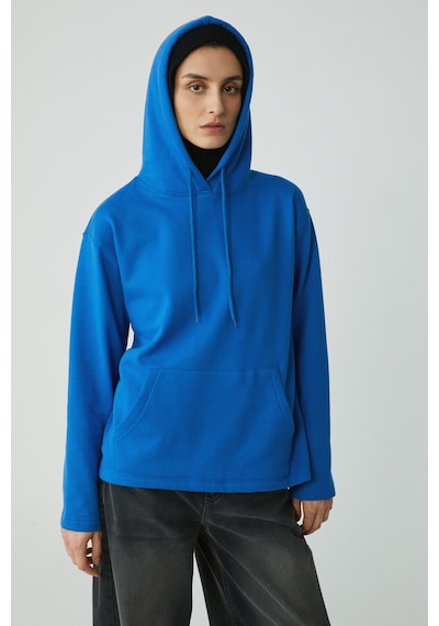 Ethıquet Pıper Kadın Içi Polarlı Yumuşacık Comfort Fit Kapüşonlu Kanguru Cepli Saks Mavi Sweatshirt