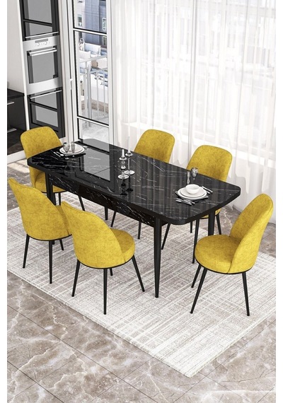 Canisa Kor Serisi 70x114 Açılabilir Mutfak Masası Takımı Siyah Mermer Desen Masa 6 Hardal Sandalye Masa Siyah Sandalyeler Hardal Sarısı Canisa Kor Serisi 70x114 Açılabilir Mutfak Masası Takımı Siyah Mermer Desen Masa 6 Hardal Sandalye Masa Siyah Sandalyeler Hardal Sarısı