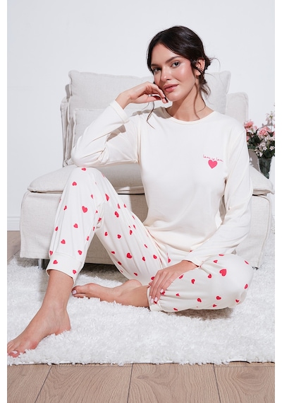 Lela Streç Regular Fit Beli Lastikli Bisiklet Yaka Bayan Pijama Takımı 65714101 Ekru