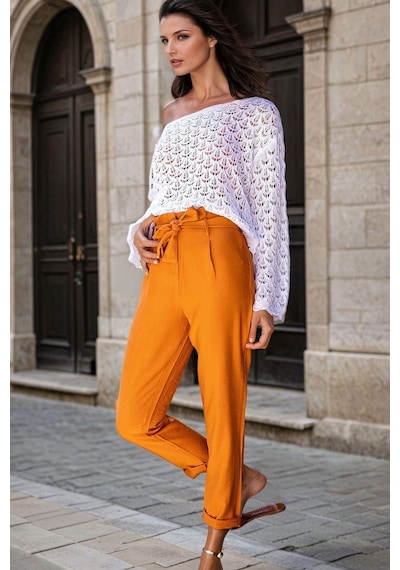 WeShaya Kiremit, Yüksek Bel, Kuşak Detaylı, Slim Fit Pantolon Kiremit