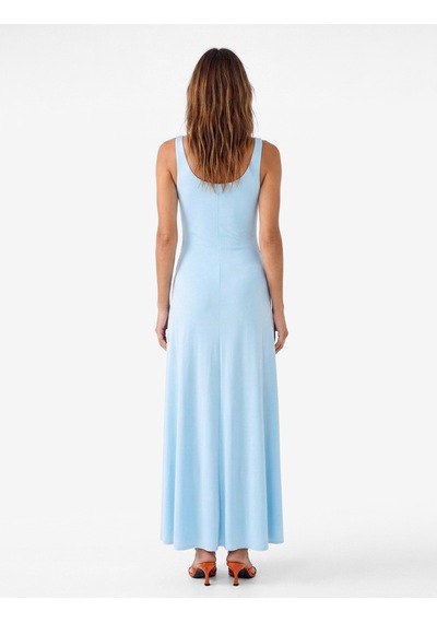 Koton Koton X Sibil Çetinkaya - Parlak Sandy Kumaş Aksesuarlı Büzgülü Slim Fit U Yaka Askılı Uzun Elbise Mavi 6sak80141fk
