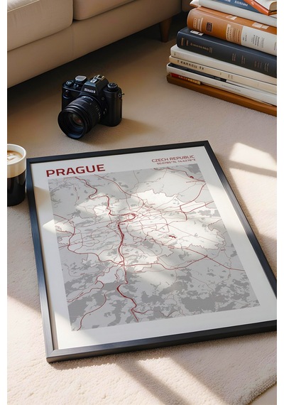 Prag Çekya Prague - Czech Haritası Çerçeveli Tablo Lüks Salon Duvar Dekorasyonu Hediyelik Tablo