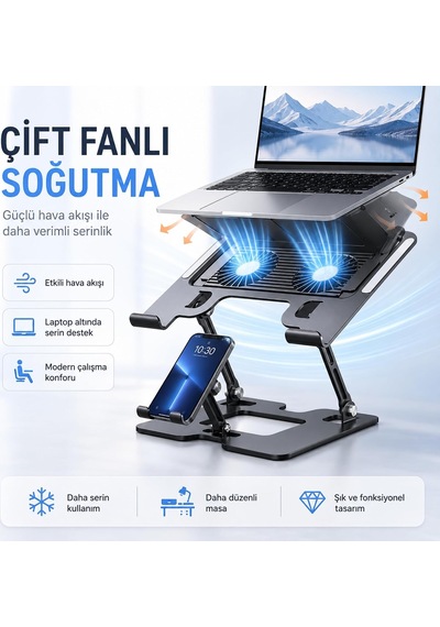 Karbon Çelik 3 İn 1 Notebook, Tablet Ve Telefon Standı, 12.9-17 İnç Laptop Ve Tablet İçin 2 Fanlı Soğutuculu Ergonomik Yükseltici, 4.7-12.9 İnç Telefon Tutucu, L07