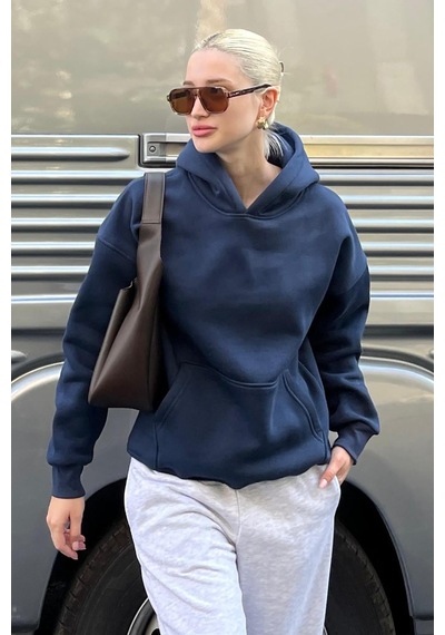 Lacivert Kapüşonlu Şardonlu Oversize Cepli Sweatshirt Mg2206