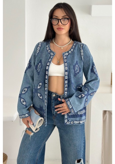 Femelle Etnik Desenli Pul Payet Nakışlı Denim Kot Ceket Vintage Bohem Tarz - 2789 mavi
