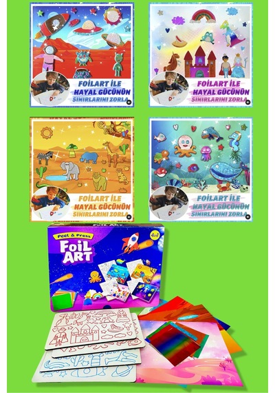 Foılart Peel & Press Yapışkanlı Renkli Basklı Folyo Sanatı-4 Lü Okyanus Uzay Safari Masal Temalı Set
