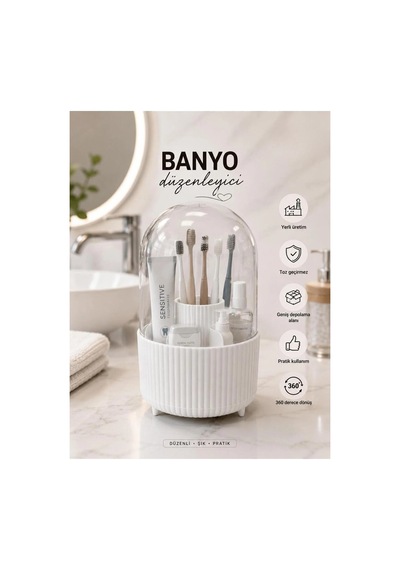Galeriyo Şeffaf Kapaklı 360 Banyo Düzenleyici Organizer Beyaz Beyaz