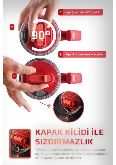 Neoflam Fika Lumi Patentli Döner Kulplu Sızdırmaz Çift Ağızlıklı Çelik Termos 950 Ml Kırmızı