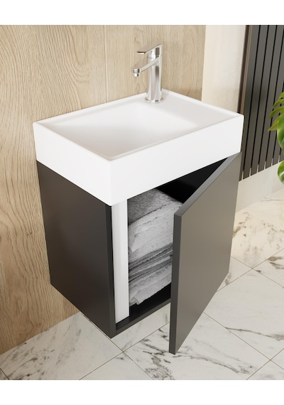 Karen Banyo Kemer 45 Cm,Lavabolu,Aynalı,Banyo Dolabı,Mat Antrasit,Lavabo Dahil Antrasit