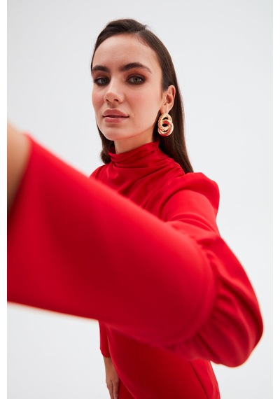 Sateen Drape Detaylı Bluz - Kırmızı