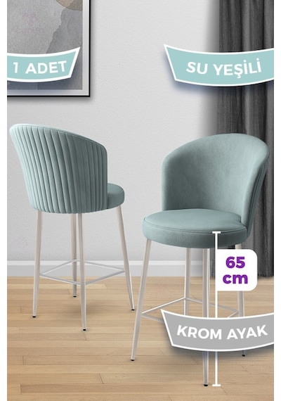 Canisa Alte Serisi 1 Adet Babyface Kumaş 65 Cm Krom Kaplama Ayaklı Su Yeşili Bar Sandalyesi Su Yeşili Sandalye Krom Kaplama Ayak