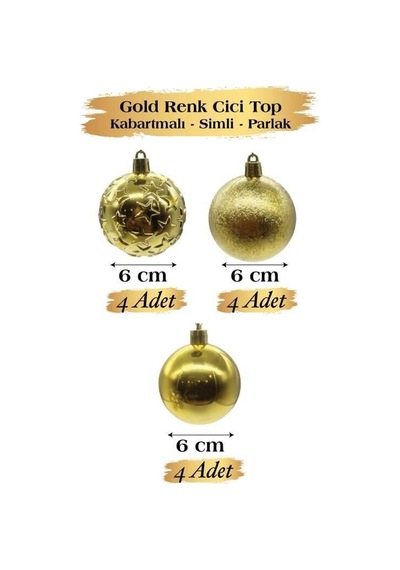 6 Cm Gold Parlak Kabartmalı Yılbaşı Top Süs 12 Parça Dekoratif Ağaç Ve Parti Süsü Seti Diğer