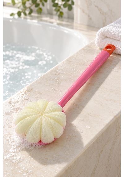 Çift Taraflı Duş Kesesi Ve Vücut Fırçası Uzun Saplı Banyo Fırçası, Peeling Etkili Masaj Kesesi Pembe Saplı - 930428623