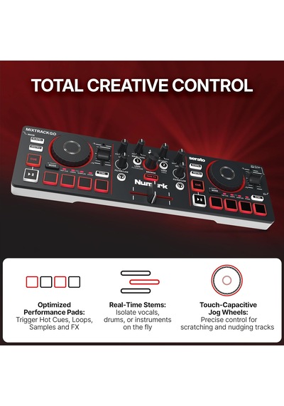 Mixtrack Go Kompakt Bluetooth Dj Controller 2 Deck, Stems Kontrolü, Smart Fader, Kapasitif Dokunmatik Jog Wheel, Us