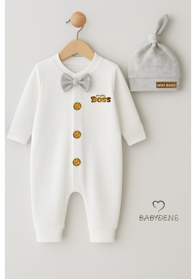 Babyden's Mini Boss Erkek Bebek Tulum Ve Şapka Seti Yenidoğan Papyonlu Bebek Tulumu %100 Pamuk Gri