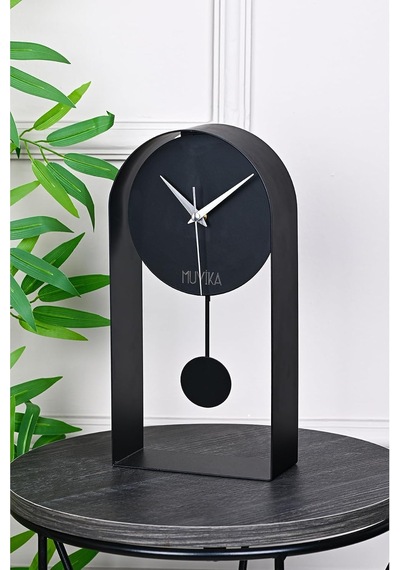 Masa Saati Sarkaçlı Metal Siyah Renk Sessiz Mekanizma Dekoratif Modern Tasarım 32x16cm Mms Myk3000-1 Diğer