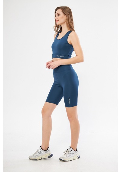Lesa Wear Yüksek Bel Likralı Toparlayıcı Kısa Şort Tayt Crop Takım Mavi