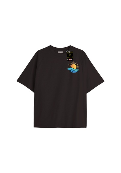 Flood Of Style Siyah Oversize T-shirt Güneş Minimal Özel Tasarım