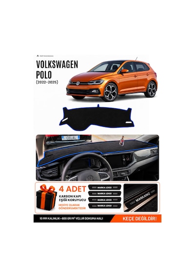 Volkswagen Polo 2022-2025 Uyumlu Torpido Örtüsü, Torpido Kılıfı - Siyah-mavi - Vw022