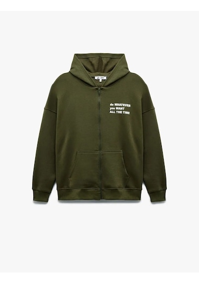 Koton Şardonlu Baskılı Fermuarlı Kapüşonlu Kadın Oversize Sweatshirt 6wal10142ık Haki