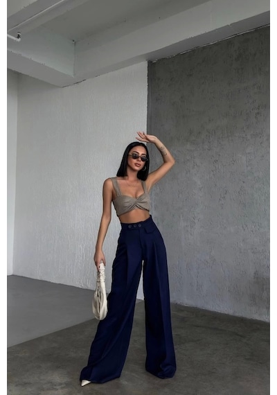 Defymoda Üç Düğme Detayli Palazzo Pantolon Lacivert