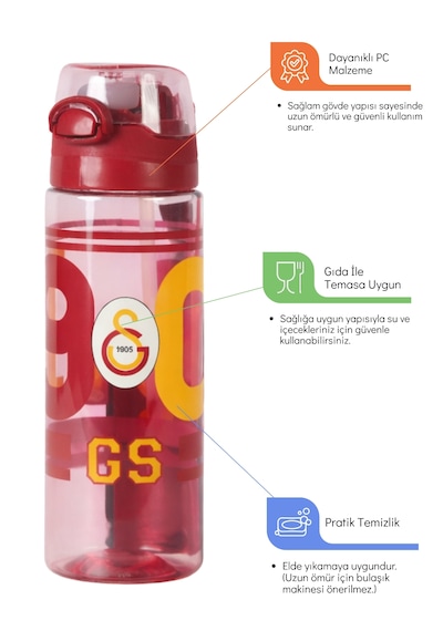 Galatasaray Lisanslı 500ml Kilitli Kapaklı Kırmızı Su Matarası - Orijinal Gs Taraftar Suluk Sarı - Kırmızı