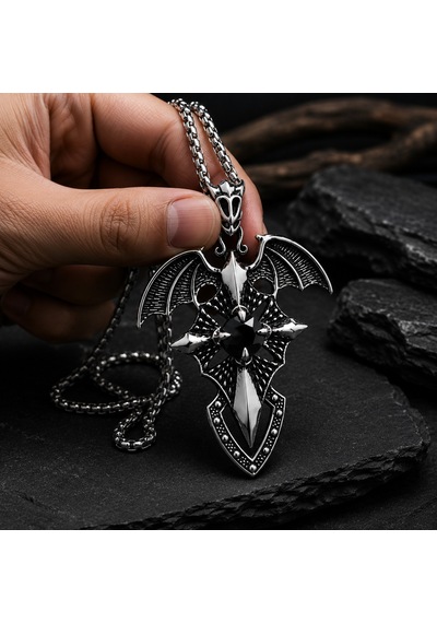 Paslanmaz Çelik Siyah Zirkon Taşlı Melek Kanat Stil Gotik Kadın Kolye Gümüş - Siyah