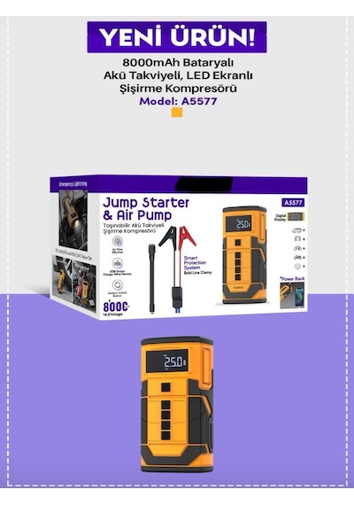 A-5577 8000mah Akü Takviyeli Şişirme Kompresörü - Led Ekranlı Sco