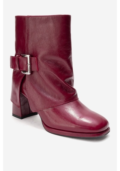 Luvishoes Lore Bordo Kırışık Rugan Hakiki Deri Tokalı Kadın Topuklu Bot Bordo