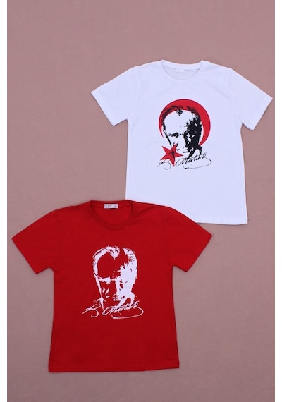Fyk Kids 2'li Atatürk-imza Farklı Desenli Erkek-kız Çocuk T-shirt Kırmız - Beyaz