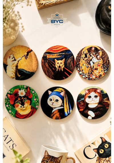 Sanat Eseri Kedi Tasarımlı 6 Lı Bardak Altlığı Seti 9 Cm, 3 Mm Mdf, Uv Dijital Baskı Çok Renkli