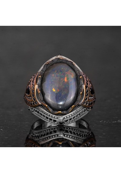 925 Ayar Gümüş Erkek Yüzük - Doğal Opal - Bronz Kaplama Detaylar - El Yapımı Dikkat Çekici Parça Gümüş