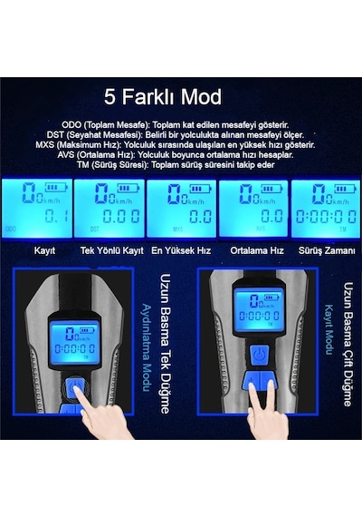Şarjlı Bisiklet Işık Korna Lcd Hız Gösterge Su Geçirmez Led Fener