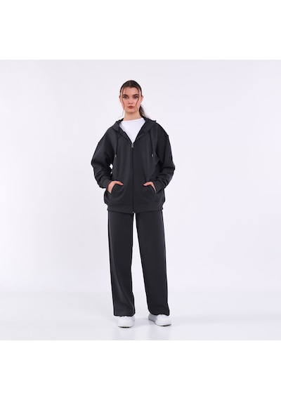 Mmetalic Kadın Antrasit Normal Kalıp Basic Beli Lastikli Kapüşonlu Oversize Mevsimlik Alt Üst Eşofman Takımı