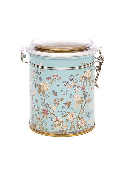 Botanica Blue Desenli Kilitli Kapaklı Yuvarlak Metal Kutu, 9 X 11 Cm, 0.6 Lt