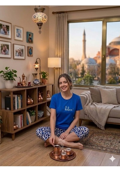 Kadın Kısa Kol Kapri Yumuşak Tuşeli Likralı Penye Pijama Takım Mavi