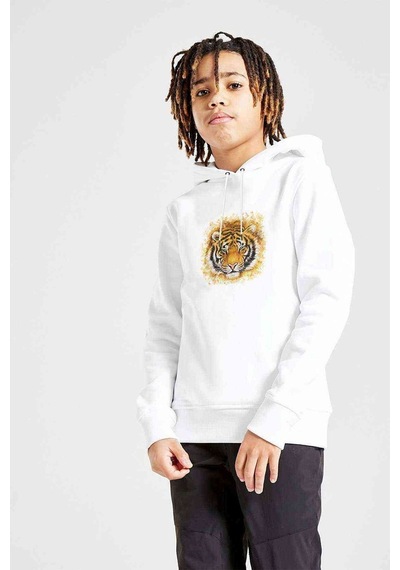 Tshirthane Turuncu Bengal Kaplan Yüz Çizimi Baskılı Unisex Çocuk Sweatshirt Beyaz