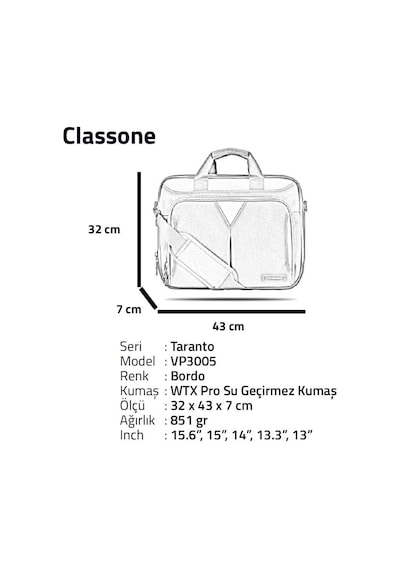 Classone Taranto Vp3005 15.6 -Inch - Su Geçirmez Kumaş - Laptop -